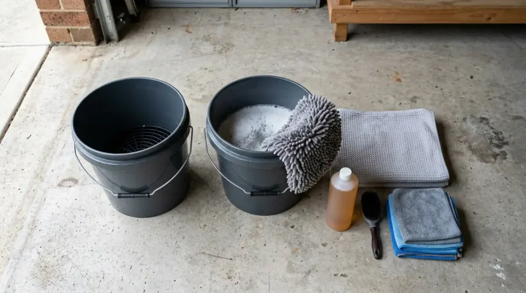 Neatly arranged unbranded car wash kit including two buckets, grit guards, wash mitt, drying towel and shampoo bottle