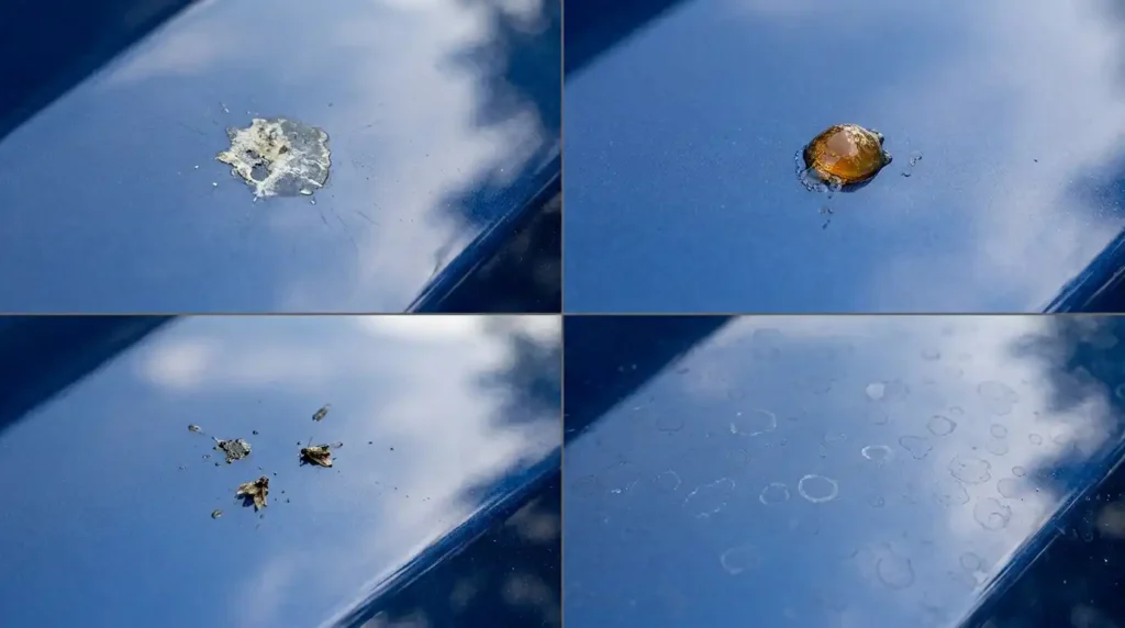 Close-up examples of bird droppings, tree sap, insect residue and water spots on a car's clear coat paint