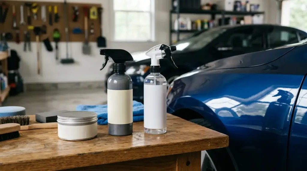 Three generic unbranded paint protection products — wax, sealant and ceramic spray — arranged beside a clean car panel
