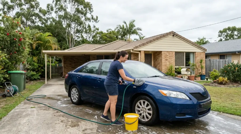 Person washing a modern used car on a shaded suburban Brisbane driveway using a bucket and hose