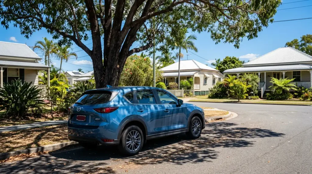 Car parked in shade on a bright Queensland day in a suburban Australian street