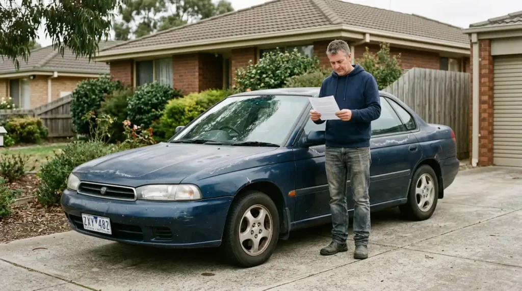 Owner reviewing a repair quote beside an older car showing visible paint fading and small chips