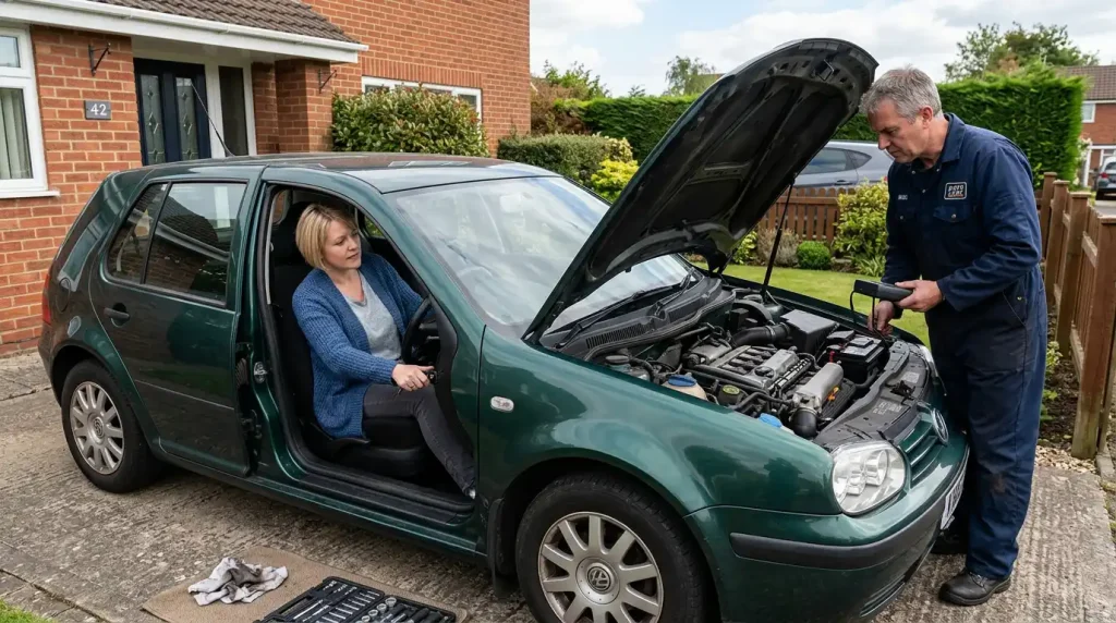 Car owner starting an older petrol car while a technician inspects the engine