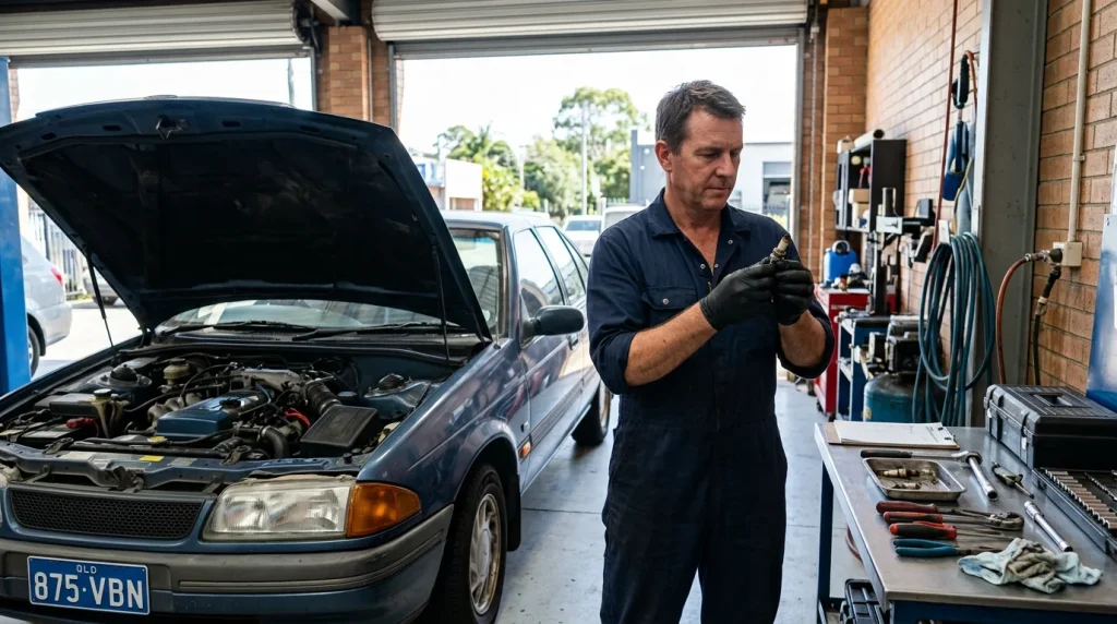 Australian mechanic inspecting a spark plug beside an older petrol car in a workshop
