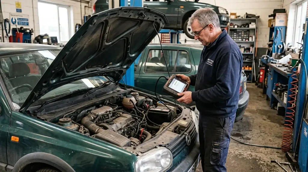 Technician testing ignition coil output in a workshop to diagnose acceleration hesitation