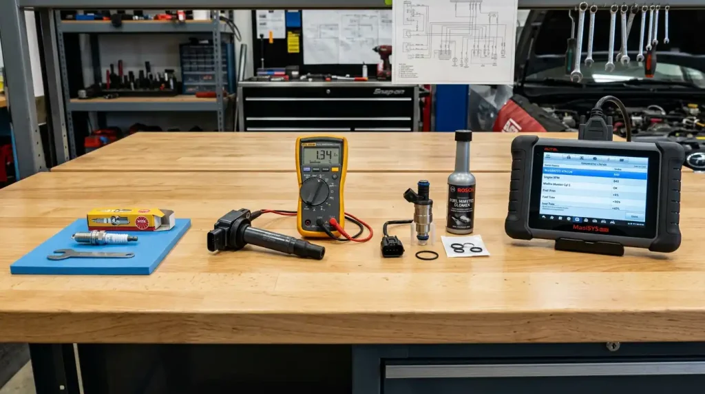 Spark plug, ignition coil, fuel injector and diagnostic scanner laid out on a workshop bench