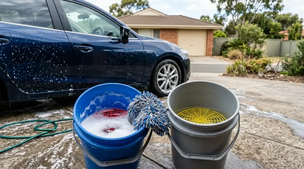 Two wash buckets with grit guards, one for shampoo solution and one for rinsing, beside a car during washing