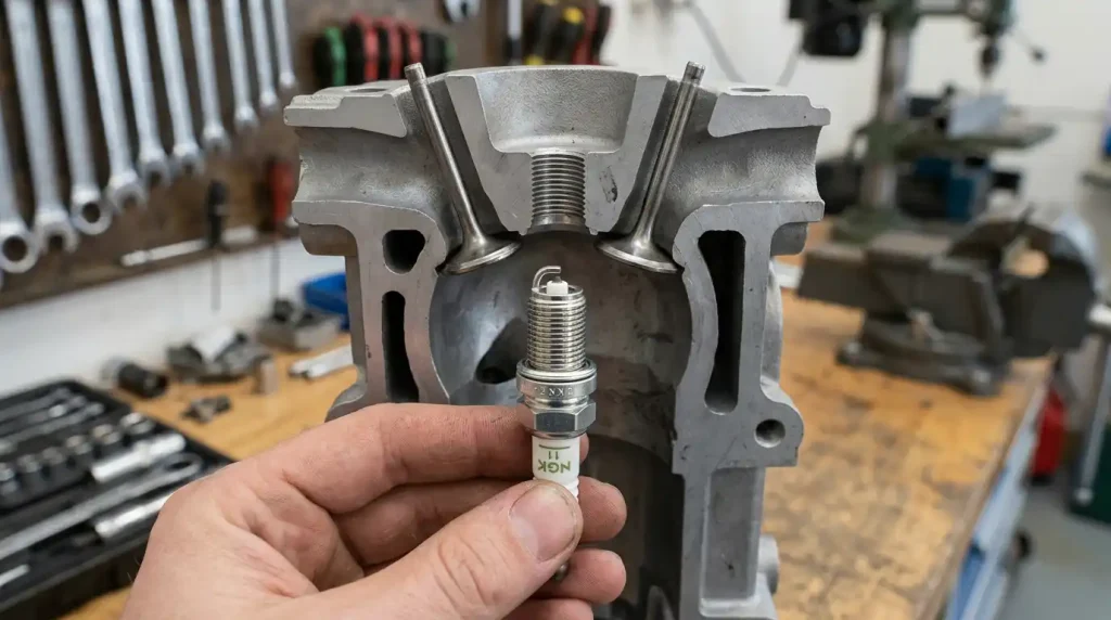 Close-up of a clean spark plug beside a petrol engine cylinder-head cross-section