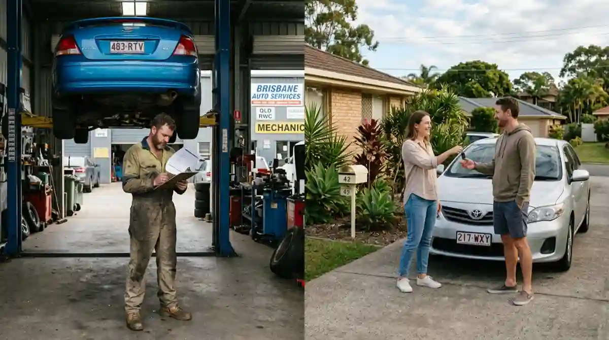 Mechanic workshop and girl selling car privately