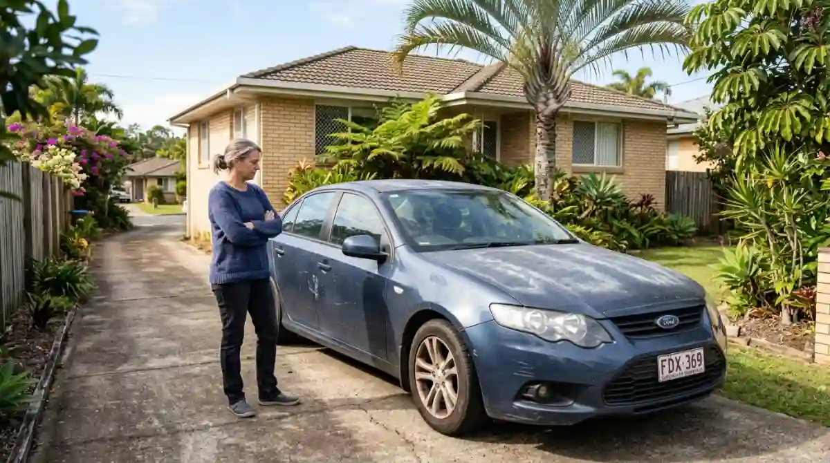 womain looking at her old car