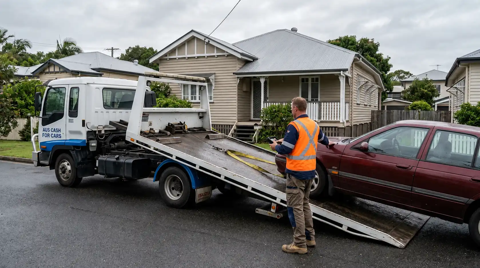 Tow truck picking up an old car from a Brisbane driveway